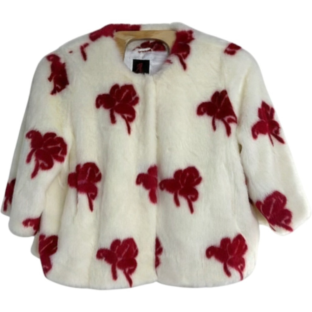 Adrienne Landau Faux Fur Floral Jacket Cream Red Cropped Plus Size 2X